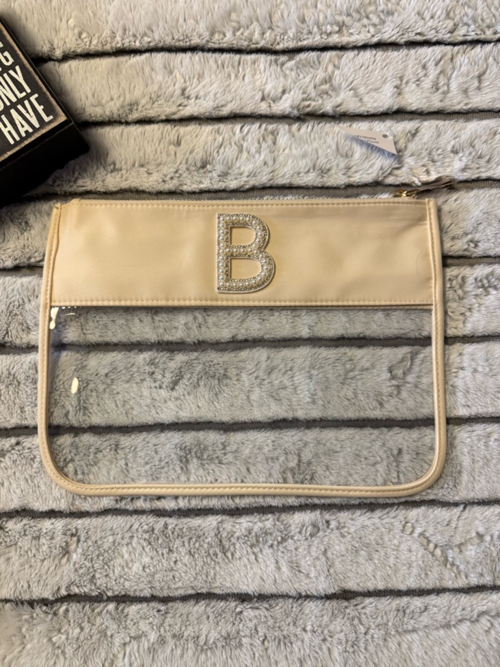 Bejeweled 'B' Clear Cosmetic Pouch in Beige